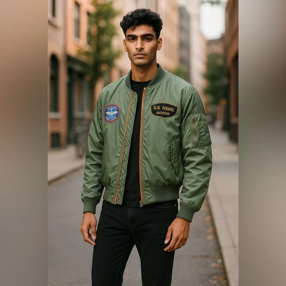 Navy Bomber men’s top gun fighter pilot patch jacket satin green size large